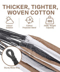 Close-up of double hammock with cotton-polyester blend fabric for outdoor and indoor use, 450 lbs capacity, sturdy metal ring.