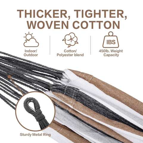 Close-up of double hammock with cotton-polyester blend fabric for outdoor and indoor use, 450 lbs capacity, sturdy metal ring.