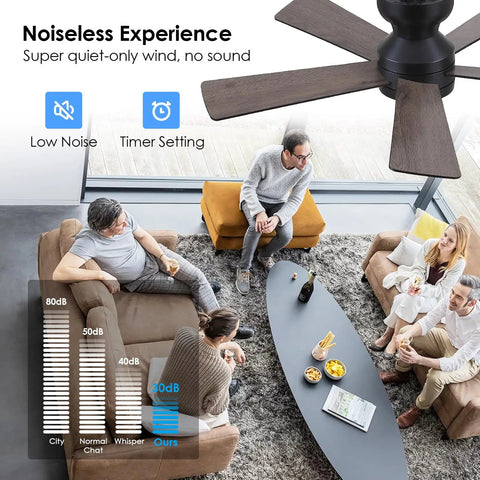 Sleek 46 Inch Flush Mount Ceiling Fan With Integrated Light Kit And Wireless Remote, showing quiet operation in a modern living room.
