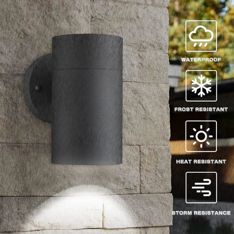 Outdoor Wall Sconce Light Set Weatherproof Cylinder Exterior Lighting For Porch Garage Patio Entryway IP65, mounted on stone wall