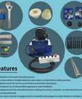 Amazon HayWHNKN portable precision boring machine, front view, blue body, 110V, with control panel and accessory kit.