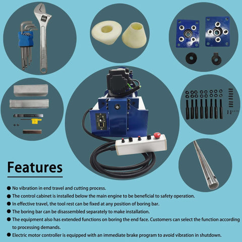 Amazon HayWHNKN portable precision boring machine, front view, blue body, 110V, with control panel and accessory kit.