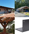 Six Pack Steel T Brackets For Wood Heavy Duty Mending Plates used in pergola and barn construction with close-up of a bracket