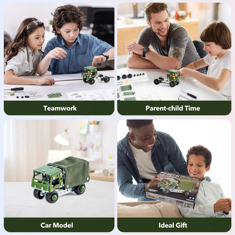 Children and adults building Hands On Military Truck STEM Building Toy Set For Boys Ages Eight To Twelve Metal Army Vehicle Model Kit Engineering STEM Project Kit For Kids To Build Learn And Ignite Makers Skills.
