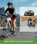 Cyclist riding by mountains with inset of Wood Bike Wall Mount With Shelf And Hooks, storing cycling helmet and shoes.