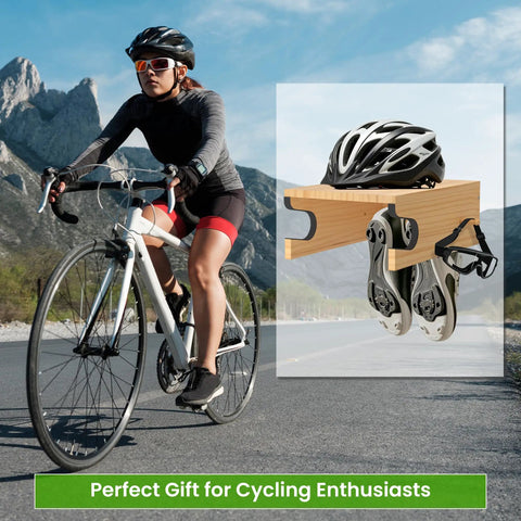 Cyclist riding by mountains with inset of Wood Bike Wall Mount With Shelf And Hooks, storing cycling helmet and shoes.