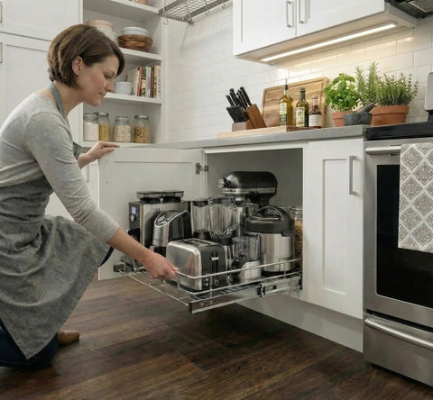 Heavy Duty Pull Out Cabinet Organizer With Smooth Sliding Drawers In Chrome Finish For Easy Access To Spices Pots And Bakeware Fits 23.25 Inch Cabinets And A 22 By 17 Inch Basket No Brainer Install, installed in kitchen cabinet with kitchenware.