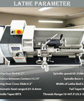 Precision 8X16 Metal Bench Lathe Featuring Auto Metric To Inch Thread Switching 1100W Brushless Motor in workshop with specs display.
