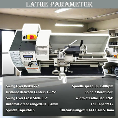 Precision 8X16 Metal Bench Lathe Featuring Auto Metric To Inch Thread Switching 1100W Brushless Motor in workshop with specs display.