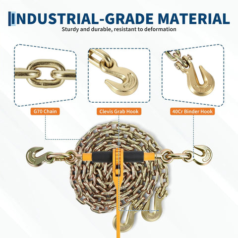 Heavy Duty 2 Pack Ratchet Load Binder Set With Grade 80 Chain And Grab Hooks 9200 Lbs Capacity featuring G70 chain and hook details.