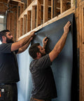 Two men installing Heavy Duty Mass Loaded Vinyl Sound Barrier One Pound Per Square Foot on a framed wall for noise reduction.