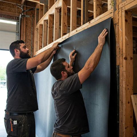 Two men installing Heavy Duty Mass Loaded Vinyl Sound Barrier One Pound Per Square Foot on a framed wall for noise reduction.