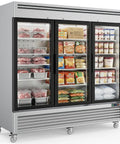 Workhorse Commercial Upright Freezer 72 Cubic Feet Stainless Steel Reach In Display Cabinet with three glass doors and various frozen foods.