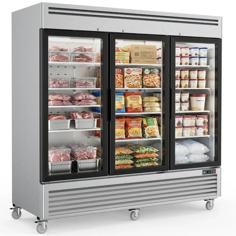Workhorse Commercial Upright Freezer 72 Cubic Feet Stainless Steel Reach In Display Cabinet with three glass doors and various frozen foods.