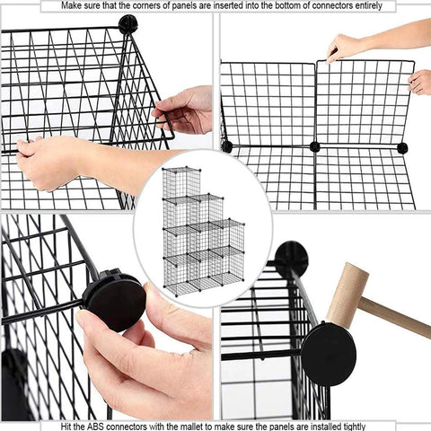 Assembly process of 9 Cube Wire Storage Organizer With Metal Grid Panels, showing black grid and ABS connectors.