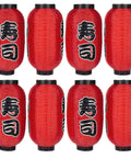 Red Chochin Silk Lanterns, Set Of 8, 14 Inch Japanese Hanging Lanterns For Festivals And Wedding Decor, Indoor Or Wall Ceiling Hang, Ribbed Exterior With Painted Characters, Lights Not Included