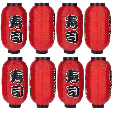 Red Chochin Silk Lanterns, Set Of 8, 14 Inch Japanese Hanging Lanterns For Festivals And Wedding Decor, Indoor Or Wall Ceiling Hang, Ribbed Exterior With Painted Characters, Lights Not Included
