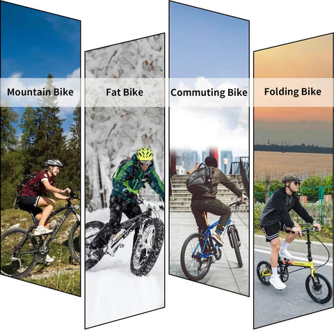 HAIKS MT200 hydraulic disc brake set collage showing mountain, fat, commuter, and folding bikes outdoors.