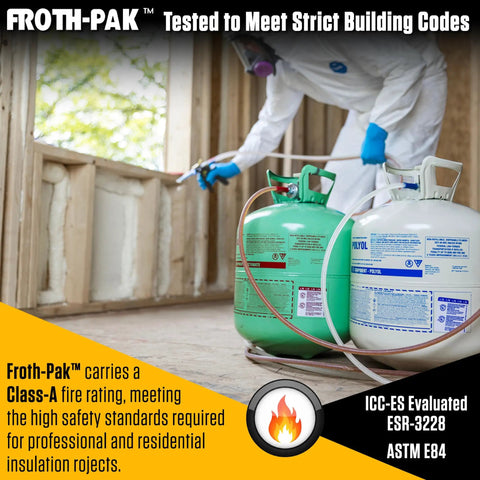 Pro Level Closed Cell Spray Foam Insulation Kit With 15 Ft Hose And Four Heavy Duty Cans used by a professional in a construction setting.
