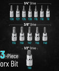 Torx Bit Socket Set 13 Piece T8 Through T60 With Star And Torx Bits displayed by drive sizes on black background.