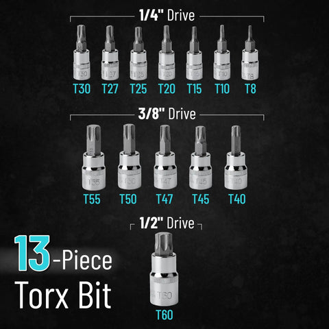 Torx Bit Socket Set 13 Piece T8 Through T60 With Star And Torx Bits displayed by drive sizes on black background.