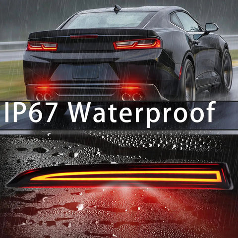 LED Rear Bumper Reflector Light For Chevy Camaro 2016-2024, waterproof in rain, featuring smoked lens tail brake fog lamp DRL turn signal