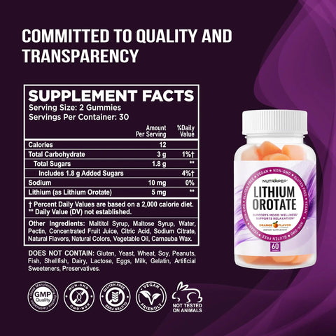 Supplement facts and bottle of Lithium Orotate Gummies 5mg For Mood Support And Stress Management Helps Keep Your Mood Chill Daily Promotes Relaxed Focus And Resilience Balance Vegan Gluten Free Non GMO Orange Flavor 60 Gummies