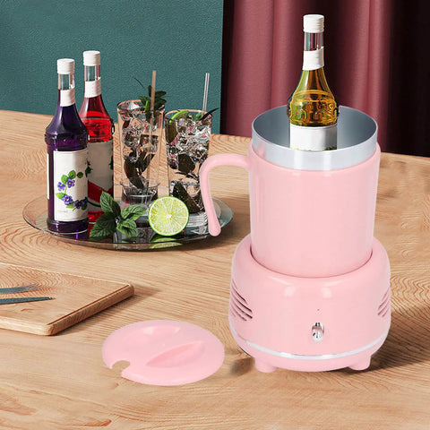 Electric Coffee Mug Warmer And Ice Cold Chiller With Dual Mode Temp Control Aluminum Desktop Heated Coaster USB Powered Drink Stand Keep Your Sip Fresh For The Daily Grind Pink on a wooden table with drinks.