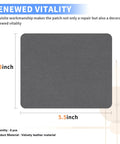 Product dimensions and features of Self Adhesive Sofa Fabric Repair Patch Kit With 6 Microfiber Patches in gray.