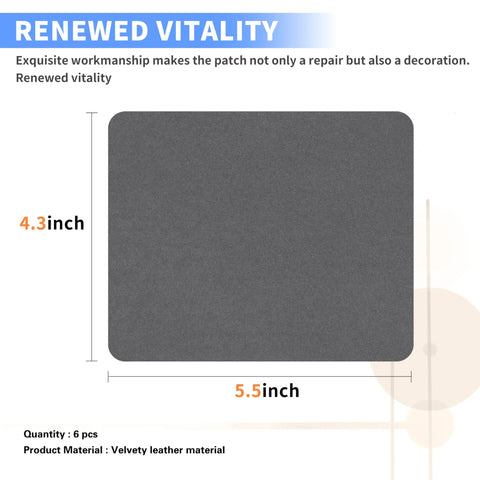 Product dimensions and features of Self Adhesive Sofa Fabric Repair Patch Kit With 6 Microfiber Patches in gray.