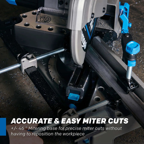 Pro Grade 14 Inch Cold Cut Miter Chop Saw with mitering base for precise cuts and zero repositioning of workpiece.