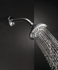Five Setting Rain Shower Head High Pressure Spray Chrome Round Raincan Shower Head Water Saving 1.75 GPM installed, spraying water