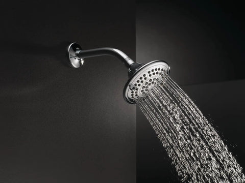 Five Setting Rain Shower Head High Pressure Spray Chrome Round Raincan Shower Head Water Saving 1.75 GPM installed, spraying water
