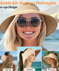 Woman wearing Women's Wide Brim Ponytail Straw Sun Hat Packable Foldable UPF Fifty Plus Khaki Beach Travel Floppy Hat.