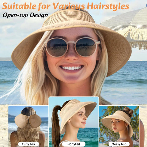 Woman wearing Women's Wide Brim Ponytail Straw Sun Hat Packable Foldable UPF Fifty Plus Khaki Beach Travel Floppy Hat.