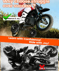 Universal Dirt Bike Training Wheels Kit For 49cc And 50cc Kids Dirt Bikes Built Tough Kid Friendly Adjustable Heavy Duty Durable Support Fits MX125 MX350 MX400 PW50 TTR50 XR50 CRF50 And More on a child's dirt bike in an outdoor setting.
