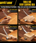 Top Tier 12 Piece Wood Carving Chisel Set With Rock Hard 60CrV Steel Blades And Smooth Ash Wood Grips used for fine detail work and spoon shaping.