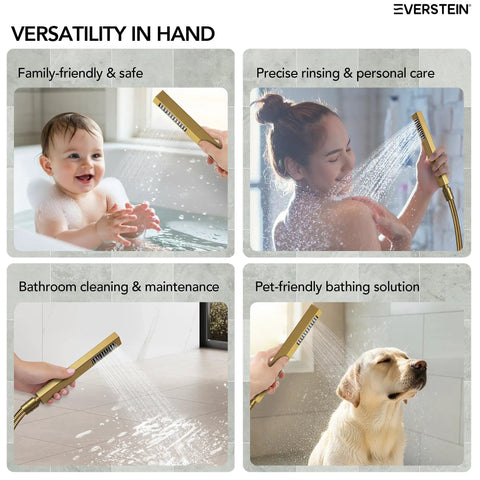 EVERSTEIN 12" Rainfall Shower System with Handheld Spray, Brushed Gold, family use, bathing baby, precise rinsing, pet use
