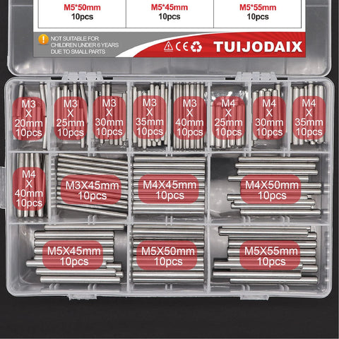Front view of stainless steel dowel pin assortment kit in plastic storage box, M3-M5 pins, 150 pcs