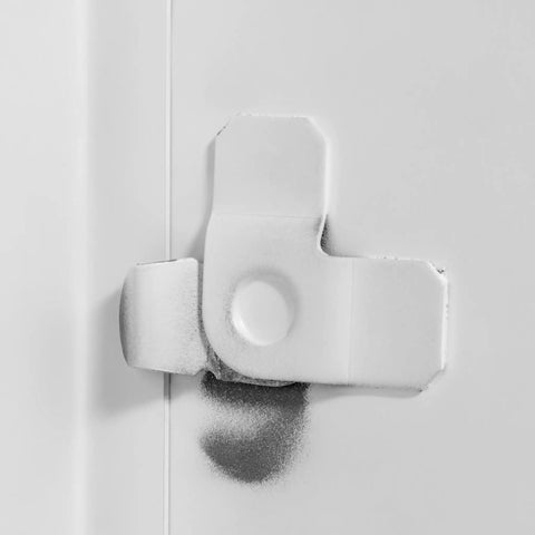 Close-up of 12x24 Universal Steel Flush Access Panel Door With Screwdriver Latch White Prime Coat Finish Wall And Ceiling Mounted Access Door For Drywall Plumbing And Electrical Built Tough Commercial Grade FL-5000 latch detail.