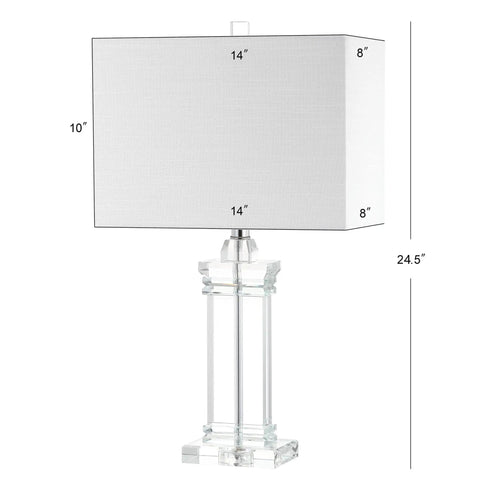 Ophelia Clear Solid Crystal LED Table Lamp With White Linen Shade, Modern Rectangular Column Design, UL Listed And ETL Certified, Energy Efficient LED Bulb Included, Perfect Living Room Or Bedroom Accent, showing dimensions