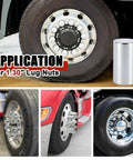 33 Millimeter Lug Nut Covers Kit For Hub Piloted Wheels Three And A Half Inch Tall ABS Chrome Push On Nut Covers For Semi Trucks Trailers Complete Axle Cover Set Twenty Pack, shown on truck wheels and individual cover detail.