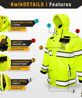 Torrent Class 3 Safety Rain Jacket ANSI Tested OSHA HiVis Reflective Coat Waterproof Weatherproof Rain Gear Hideaway Hood Yellow Large