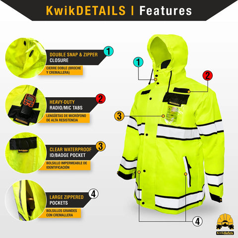 Torrent Class 3 Safety Rain Jacket ANSI Tested OSHA HiVis Reflective Coat Waterproof Weatherproof Rain Gear Hideaway Hood Yellow Large