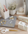 Aesthetic Desk Accessories Set Complete Desktop Organizer For Women With Gold Finish Pen Holder Scissors Stapler Tape Dispenser And More To Level Up Your Home Office Decor And Boost Productivity displayed on desk