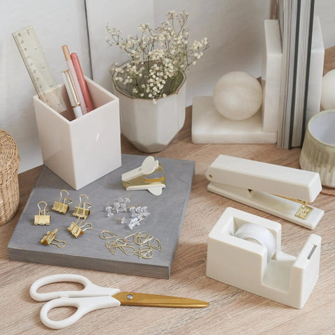 Aesthetic Desk Accessories Set Complete Desktop Organizer For Women With Gold Finish Pen Holder Scissors Stapler Tape Dispenser And More To Level Up Your Home Office Decor And Boost Productivity displayed on desk