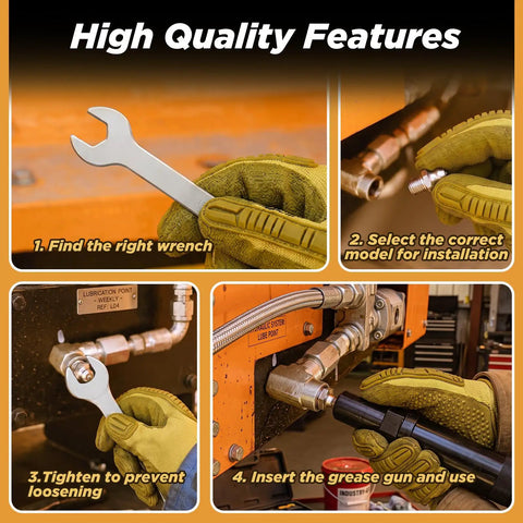 Vigruve Heavy Duty Grease Zerk Fittings Kit With 540pcs Galvanized Npt And Sae Metric Accessories Including Straight 45-90 Angled Nozzles Plus Caps And Wrench For Tough Outdoor Gear And Vehicles. wrench and grease fitting installation on machinery