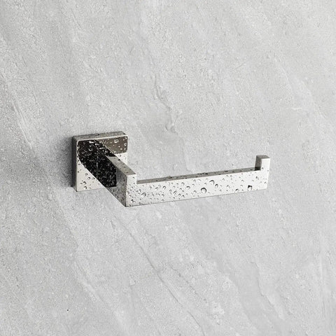 Chrome Toilet Paper Holder Wall Mount Square Silver 304 Stainless Steel Rustproof with Polished Finish on grey tiled wall.