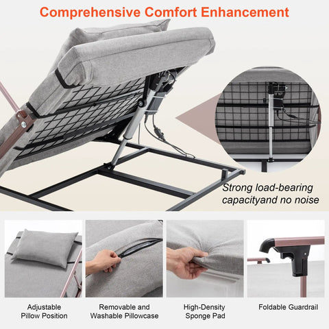 Heavy Duty Electric Lifting Backrest Recliner With 300 Lb Capacity Smooth Motor Tilts mechanism and adjustable pillow detail.