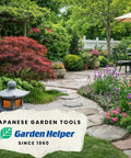 A landscaped garden with Japanese elements, featuring a stone lantern, colorful flowers, and manicured bushes. "Japanese Garden Tools" and "Garden Helper Since 1960" text overlay.
